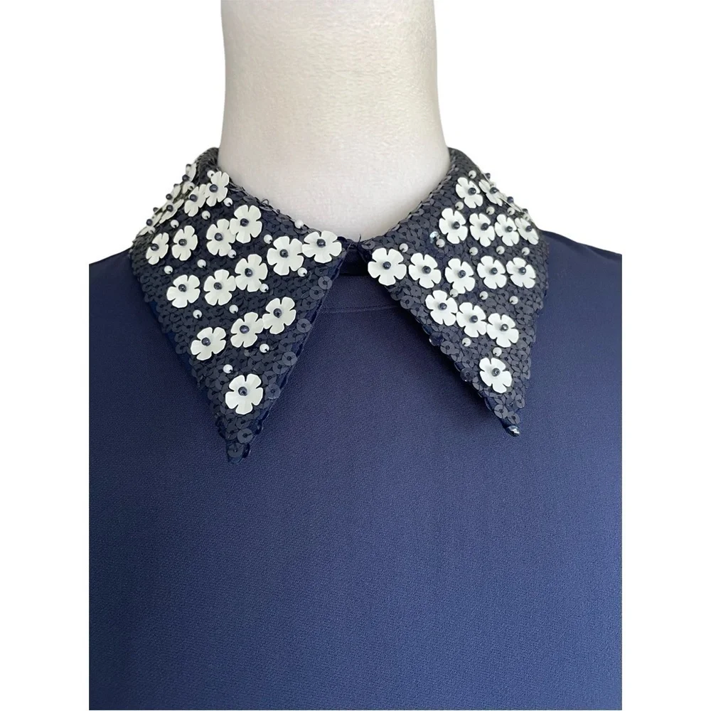 Michael Kors Floral Appliqué Collared Shift Dress Navy Blue and White Size 8